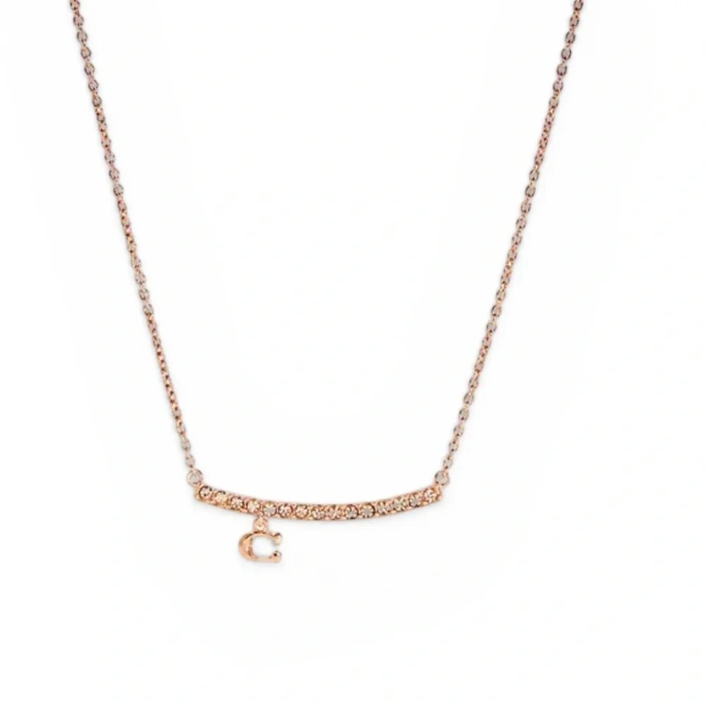 Coach Signature Pave‎ Bar Necklace in rose gold tone NWT